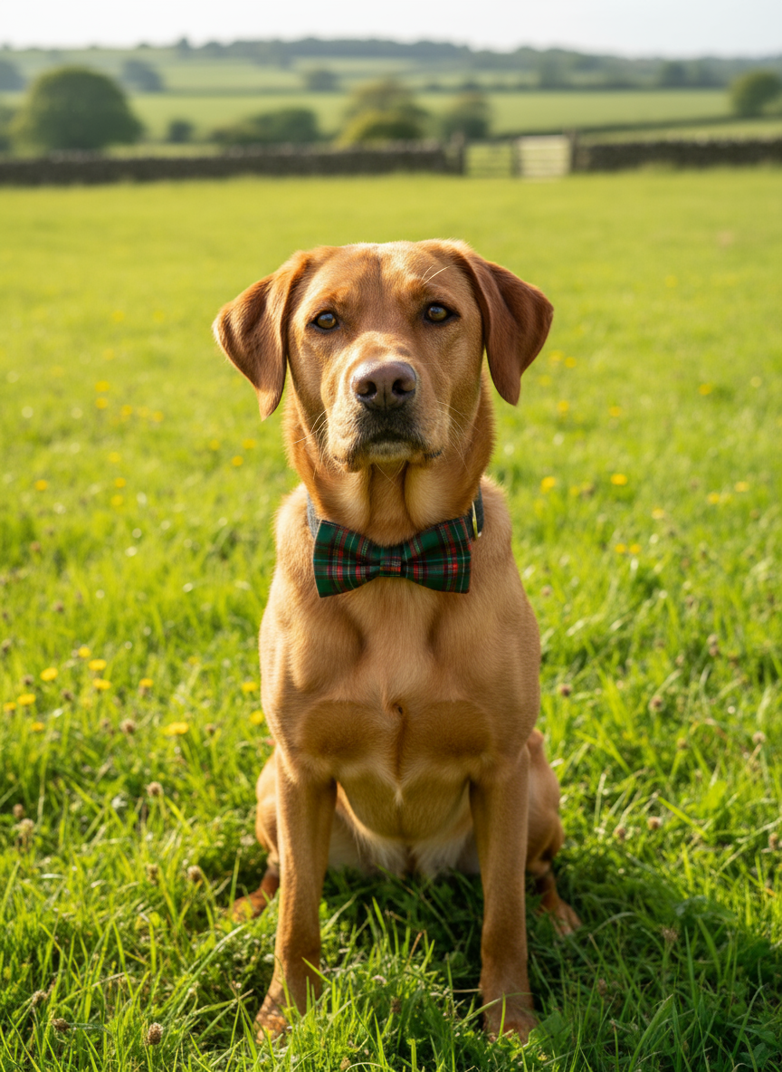 Green plaid bow tie on a wooden surface with a fireplace in the background
