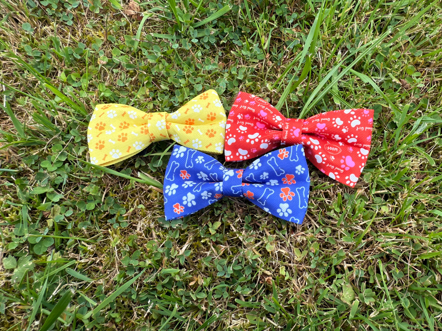 Three colorful bow ties on grass