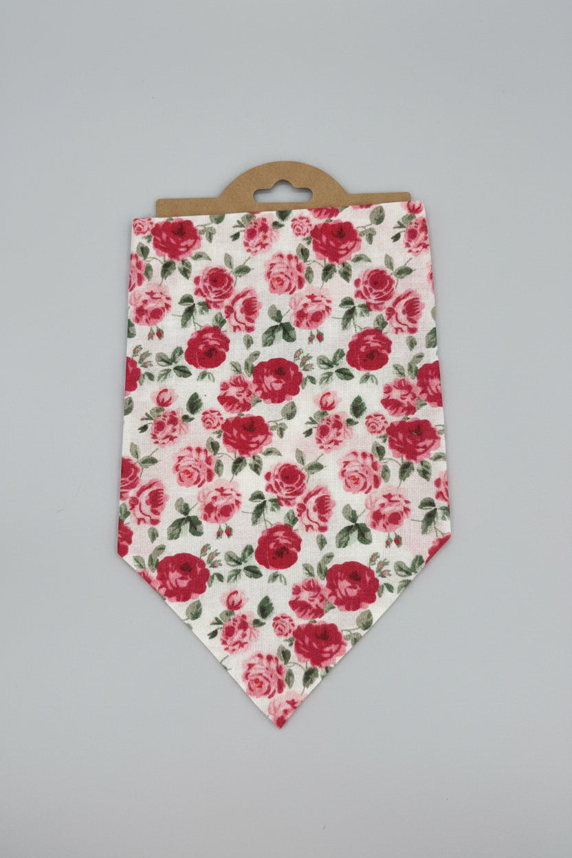 White and Red Rose Print Dog Bandana