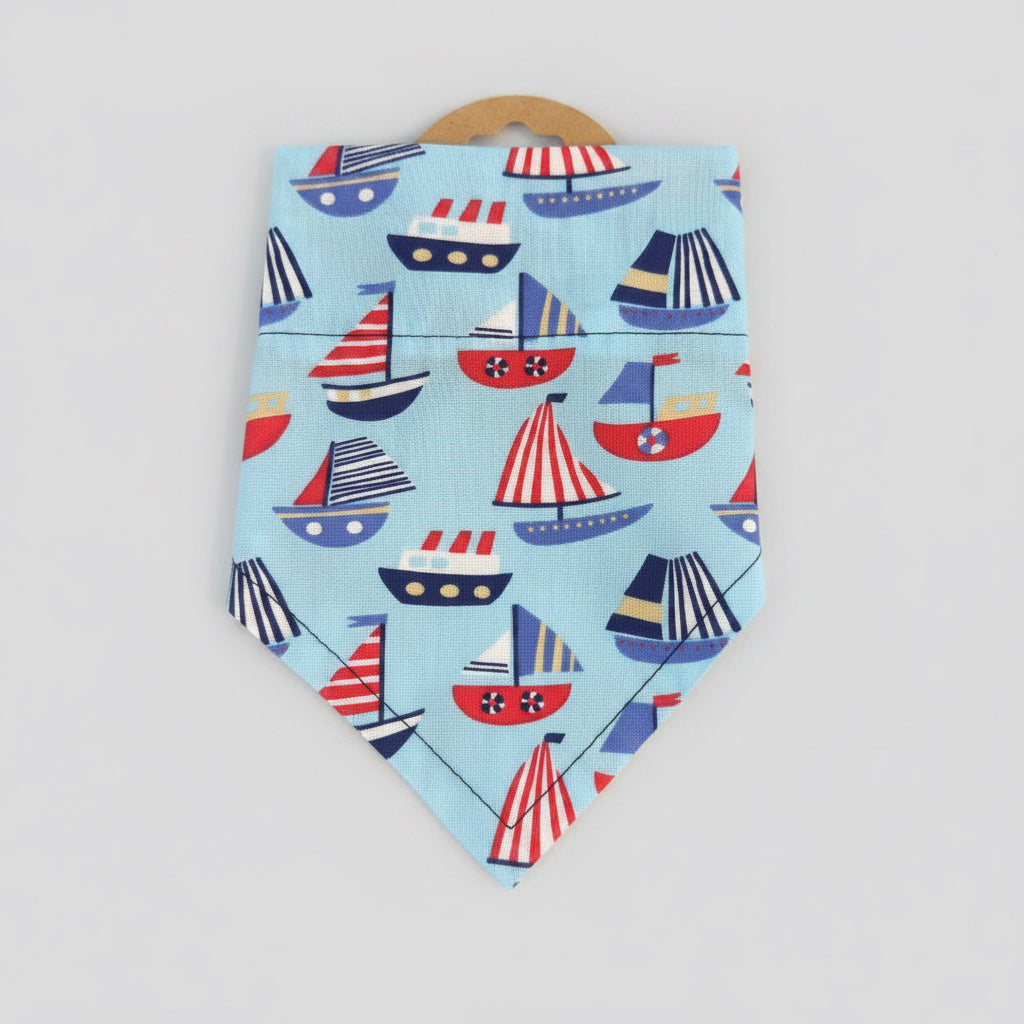 Blue Sailboat Dog Bandana UK | Bright Blue Dog Bandana with Colourful Boats | Slide Through Collar Bandana | Nautical Puppy Scarf | Summer Dog Accessory