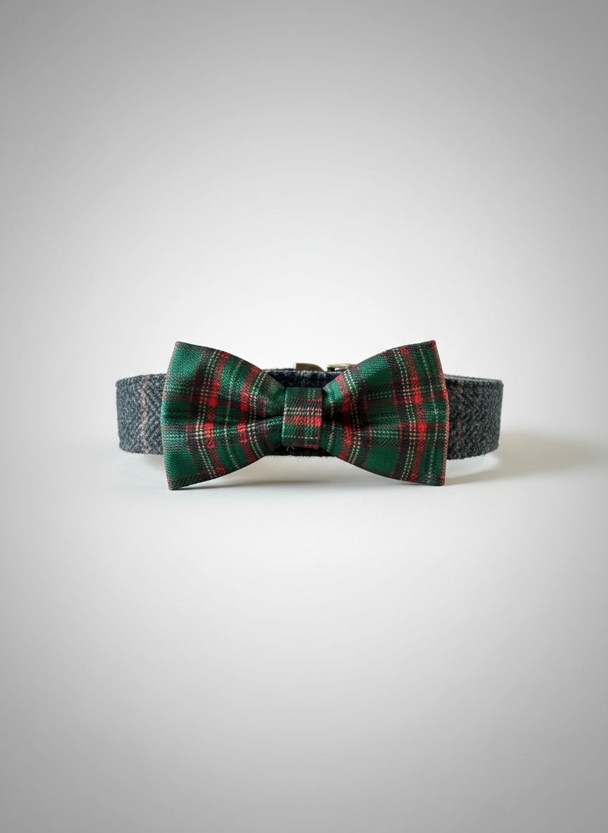 Green plaid bow tie on a wooden surface with a fireplace in the background