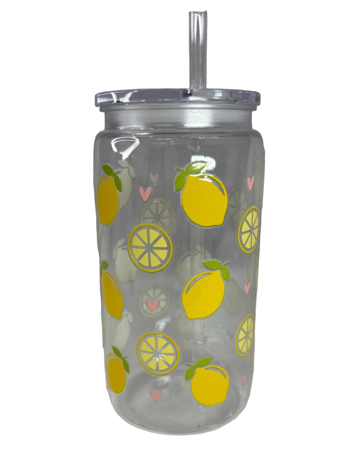 Clear tumbler with lemon pattern on a white background