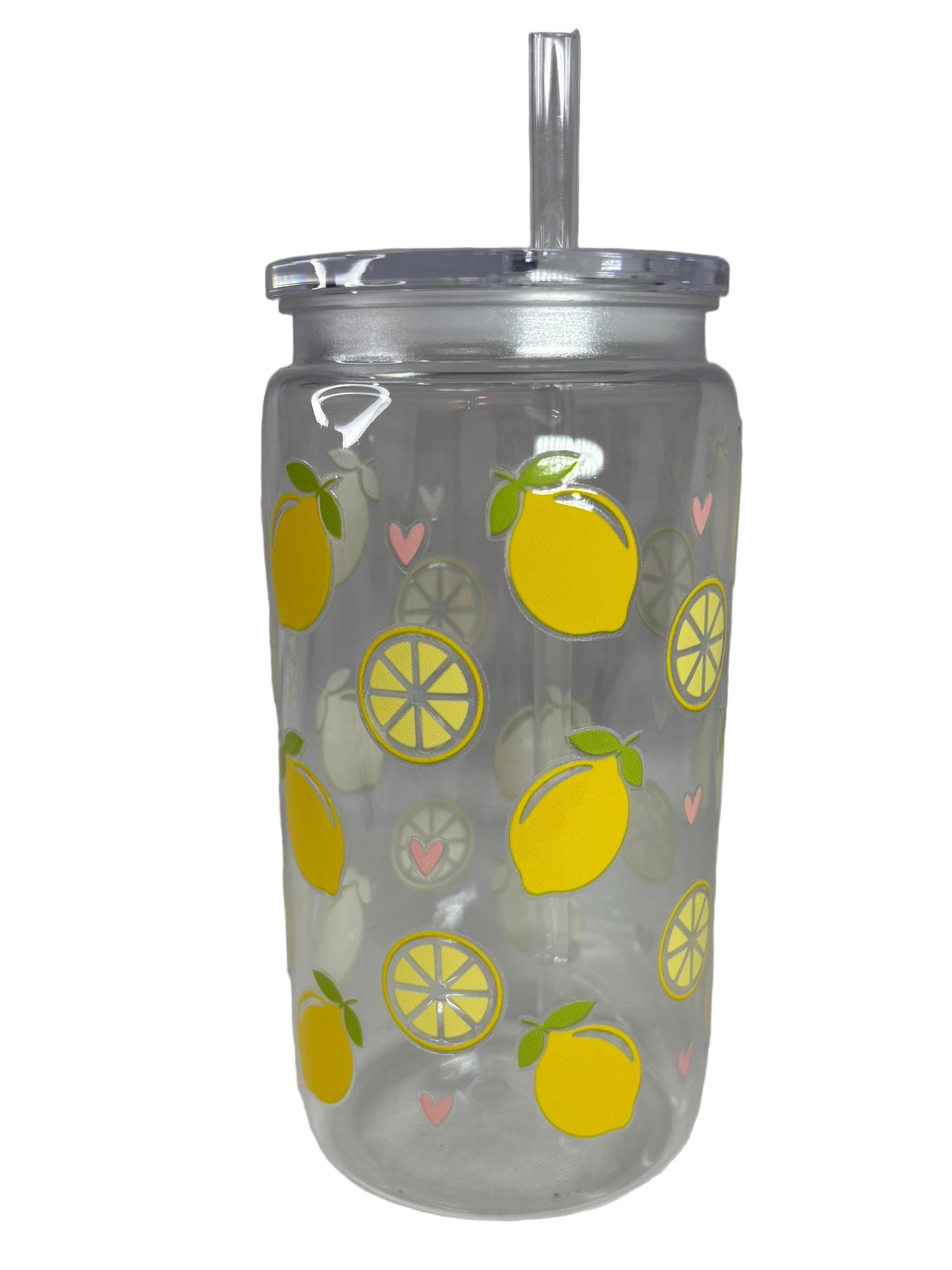Clear tumbler with lemon pattern on a white background
