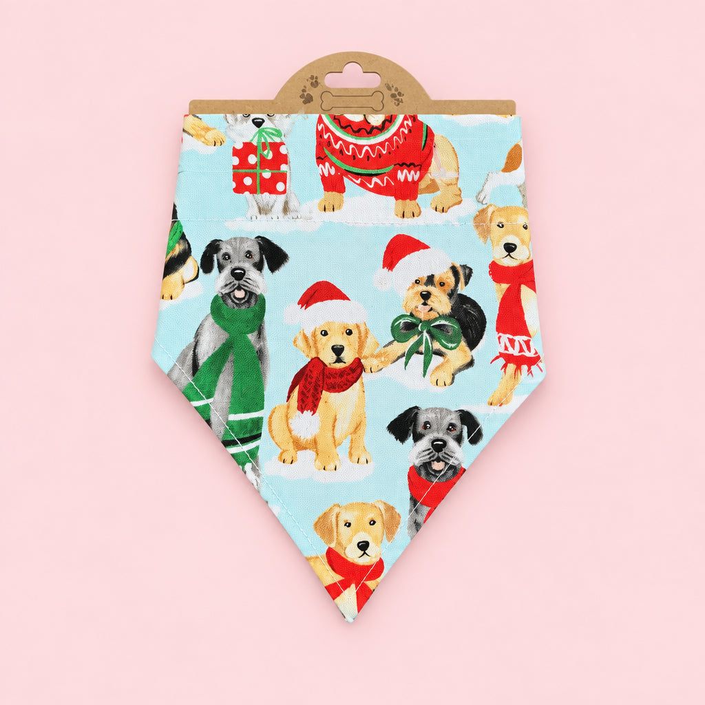 Light Blue Christmas Dog Bandana | Dogs in Santa Hats | Festive Dog Collar Bandana | Slip On Dog Bandana | Christmas Pet Accessory