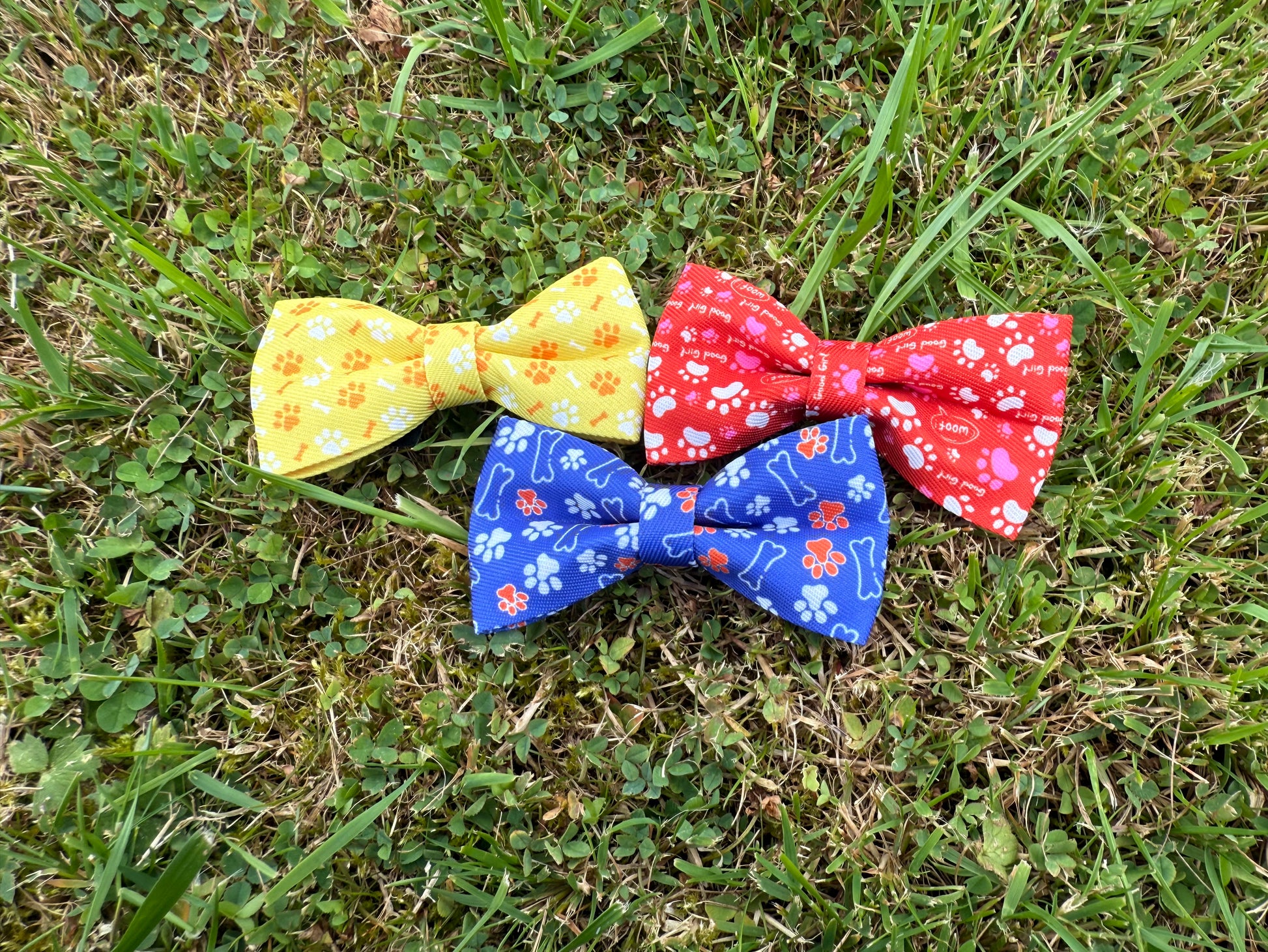 Three colorful bow ties on grass