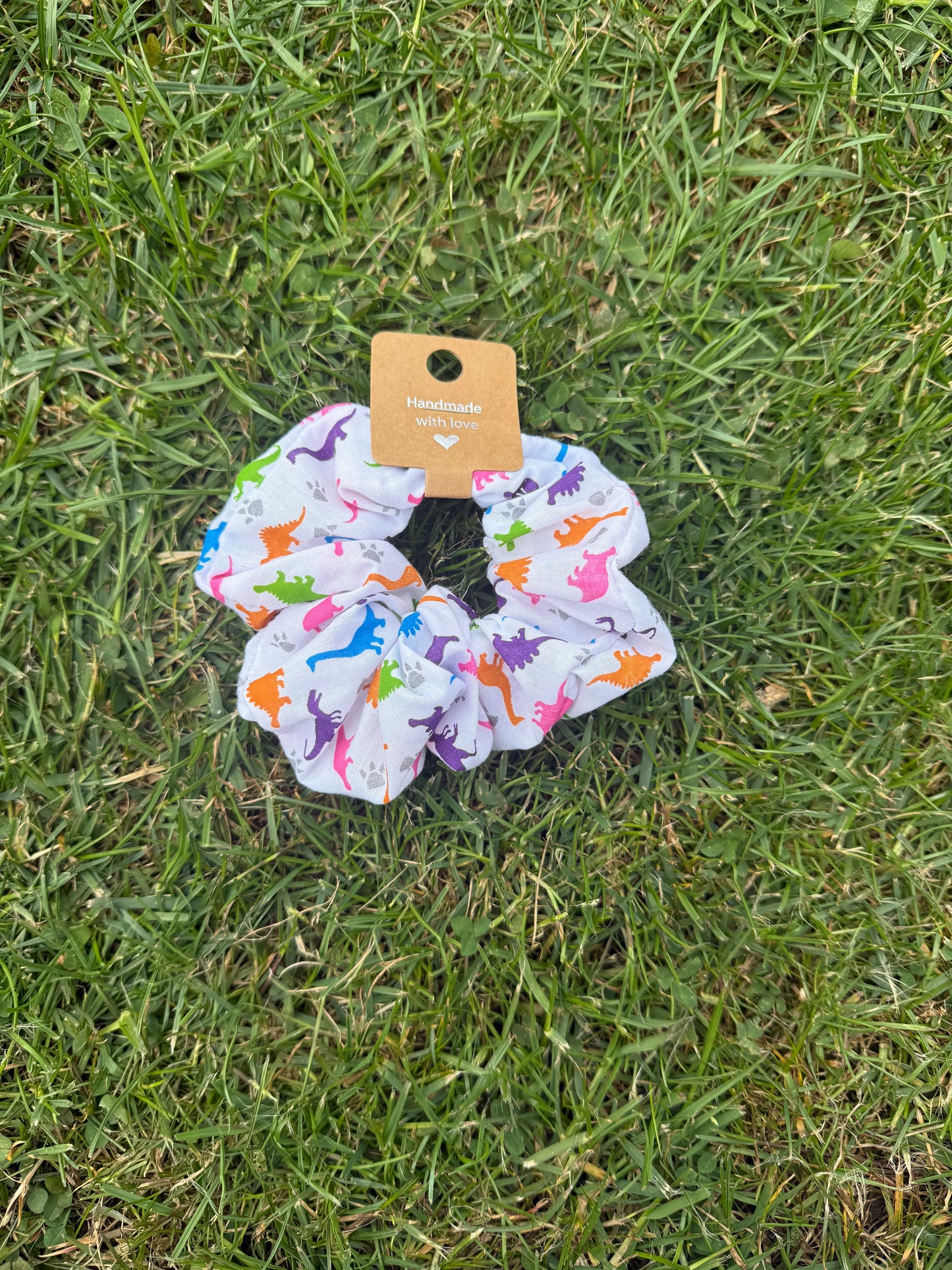 White Dinosaur print hair scrunchie