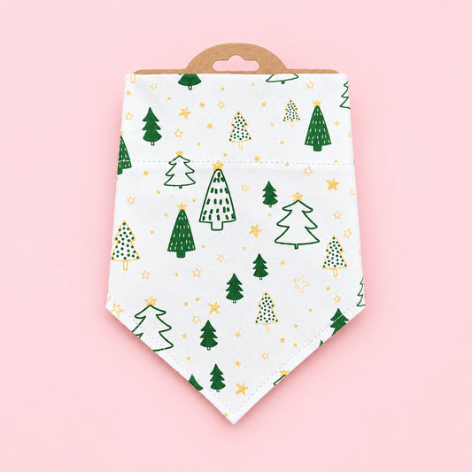 White Christmas Dog Bandana | Christmas Tree & Gold Snowflake Dog Bandana | Festive Dog Collar Bandana | Slip On Dog Bandana | Small Large