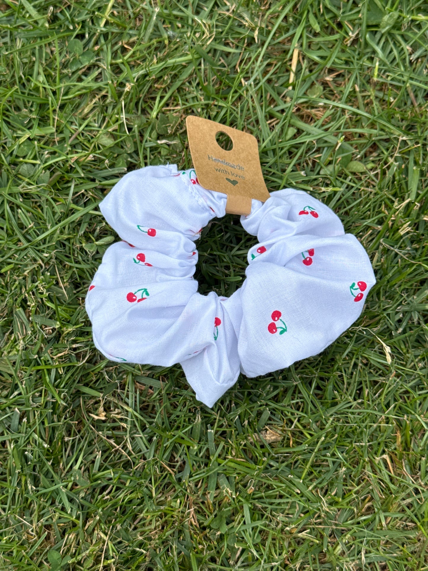 White cotton Cherrys scrunchie