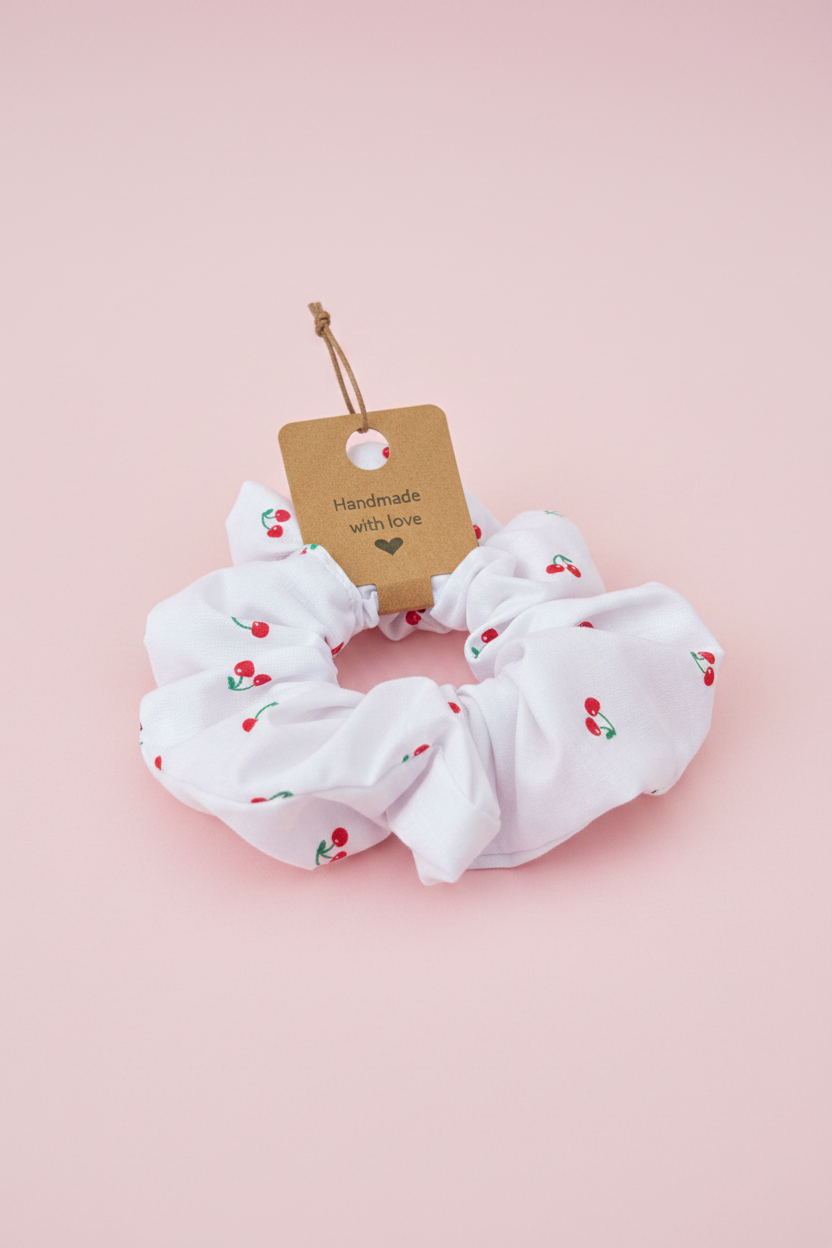 White cotton Cherrys scrunchie