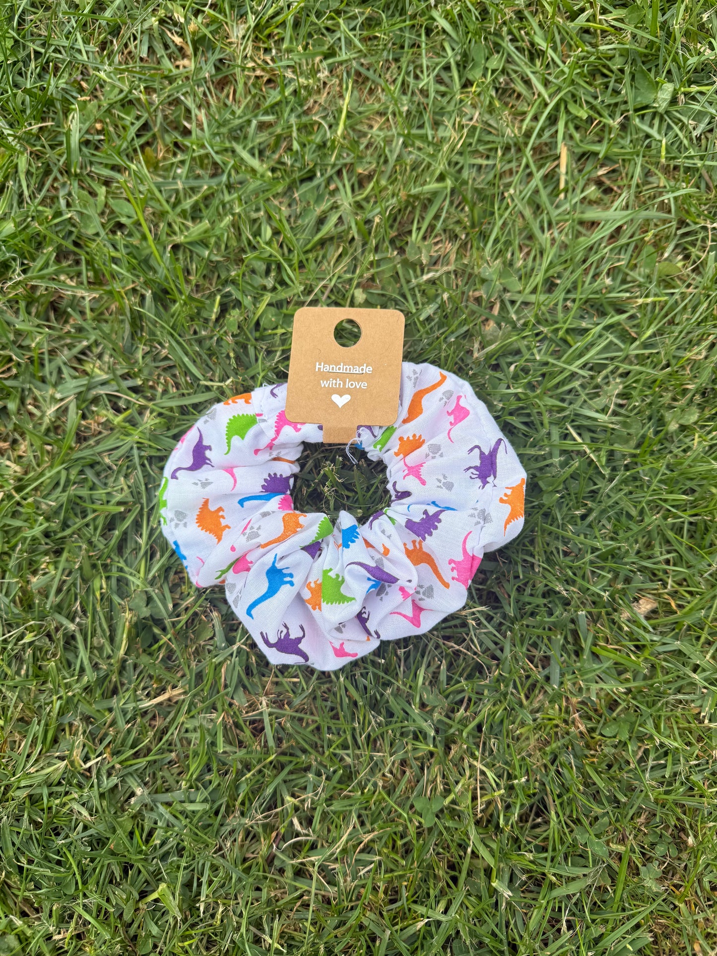 White Dinosaur print hair scrunchie