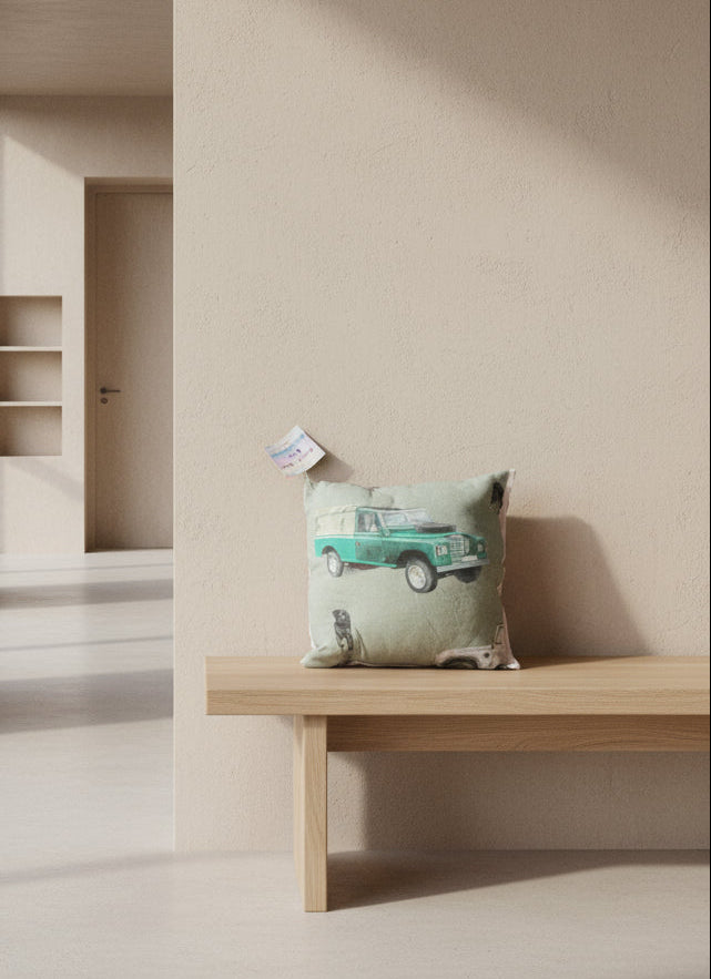 Pillow with a vintage truck design on a white background