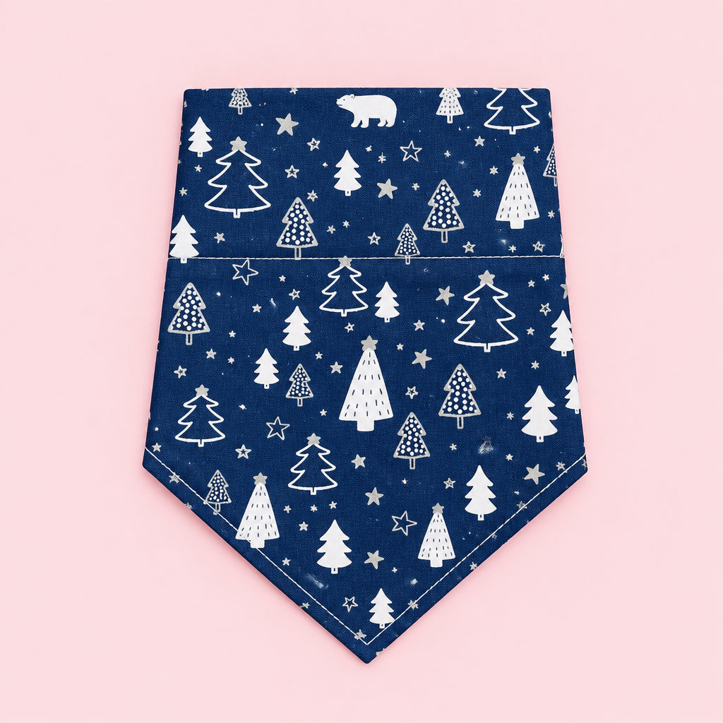 Navy Blue Christmas Dog Bandana | Silver Sparkly Christmas Trees | Festive Dog Collar Bandana | Slip On Dog Bandana | Christmas Pet Accessory