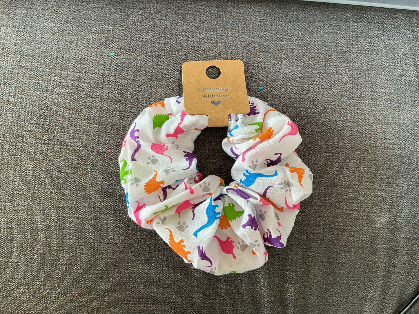 White Dinosaur print hair scrunchie