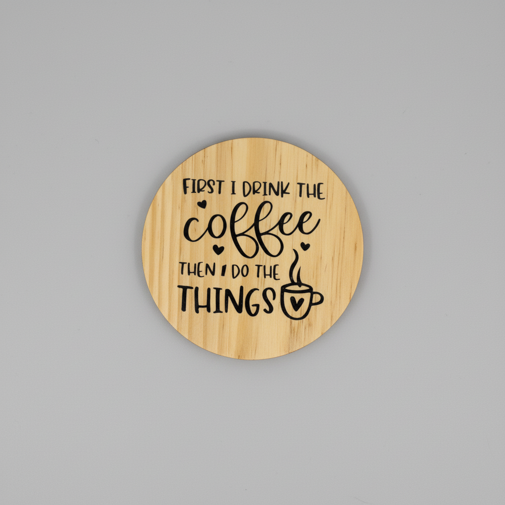 Wooden coaster with engraved text on a gray textured background