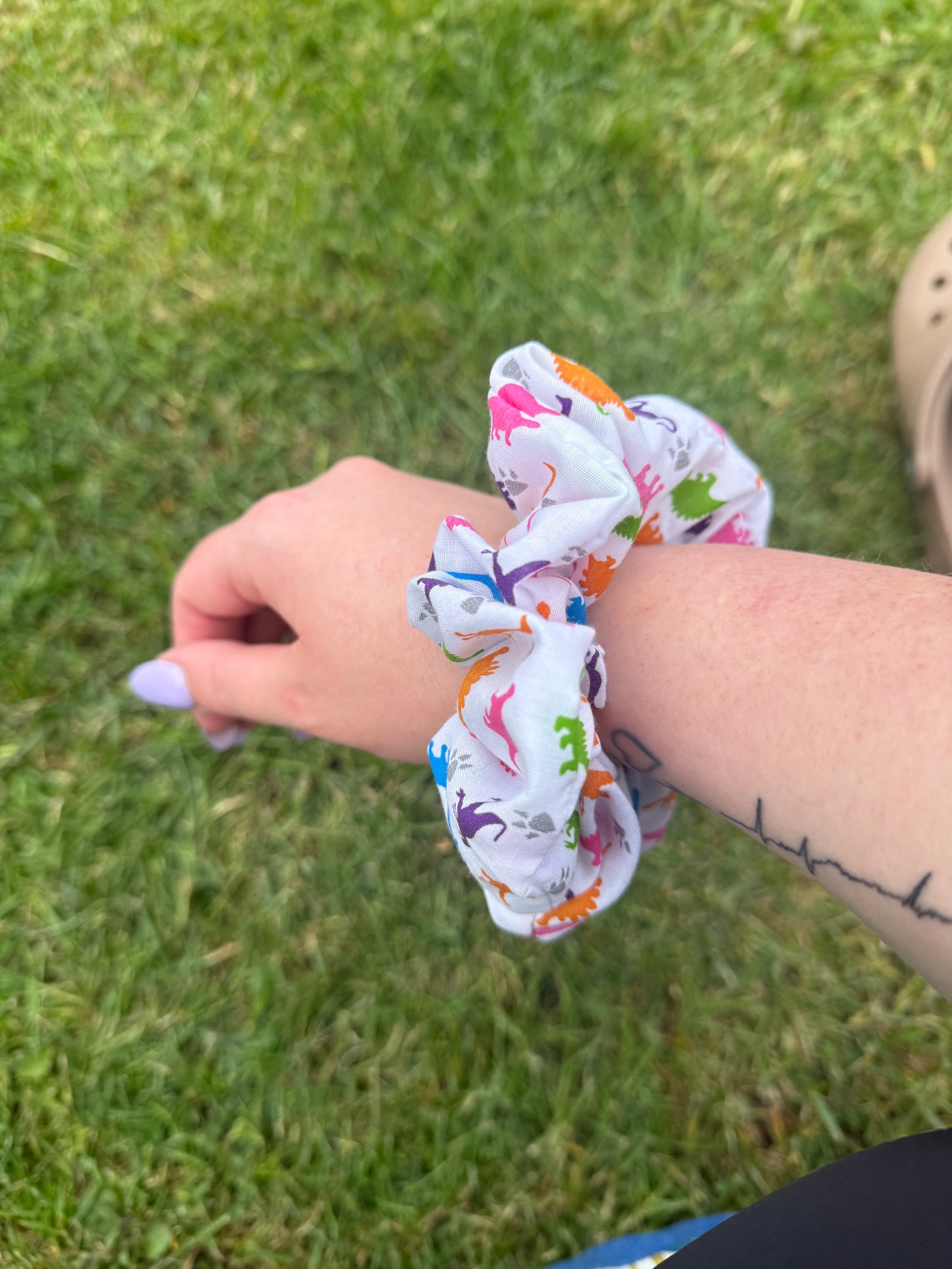 White Dinosaur print hair scrunchie