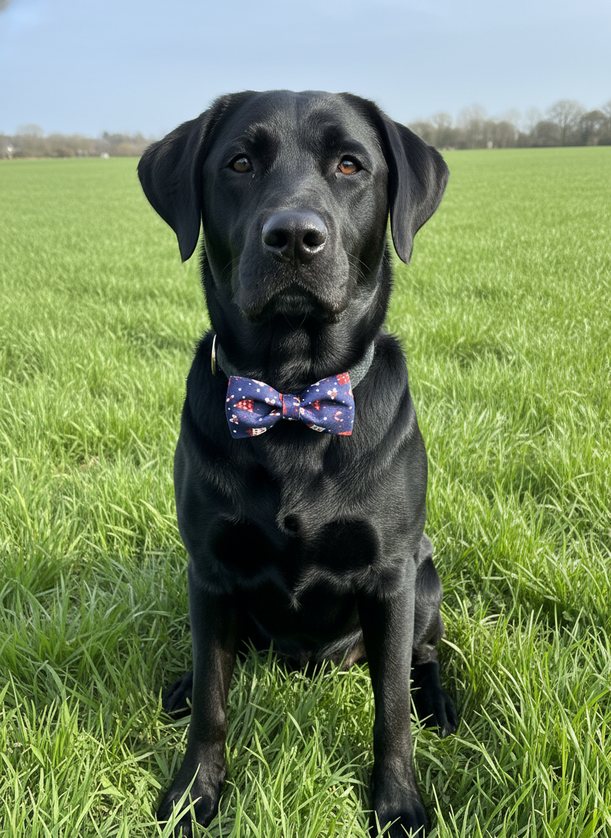 Black dog wearing a colorful bow tie sitting on grass with a clear blue sky.