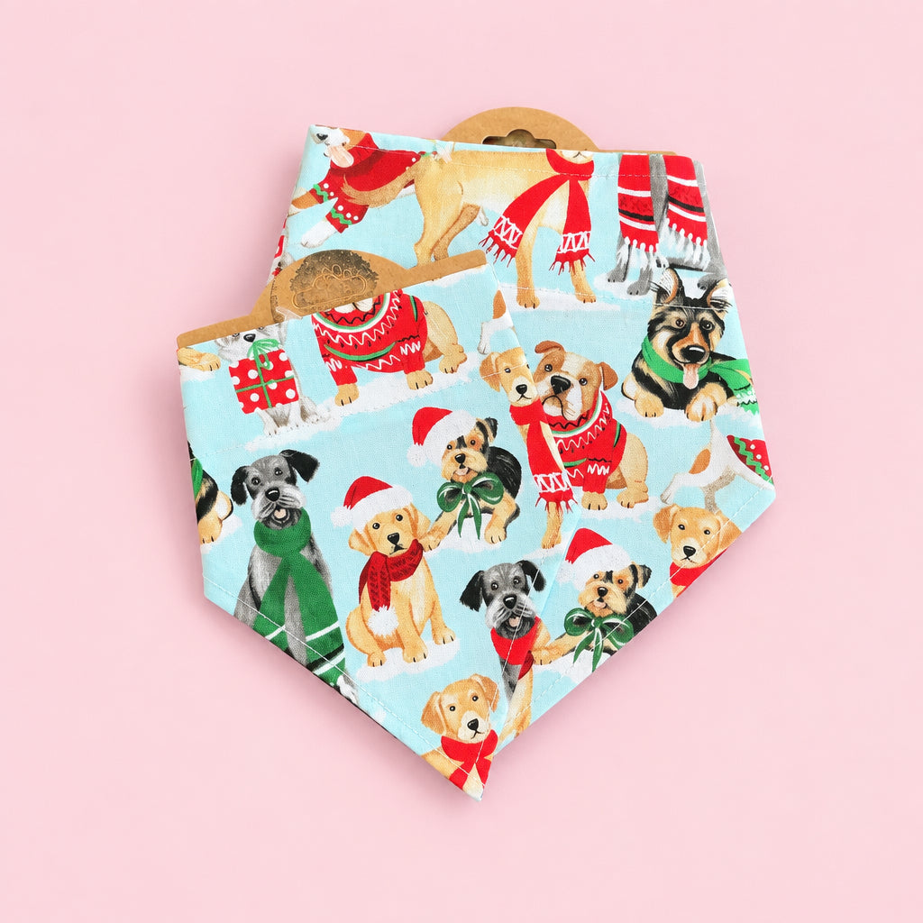 Light Blue Christmas Dog Bandana | Dogs in Santa Hats | Festive Dog Collar Bandana | Slip On Dog Bandana | Christmas Pet Accessory