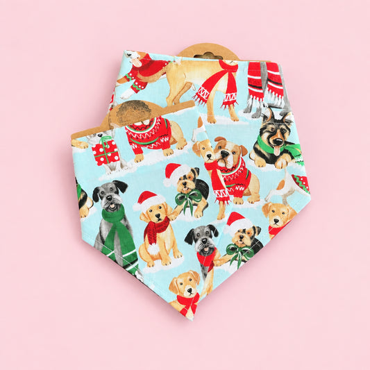 Light Blue Christmas Dog Bandana | Dogs in Santa Hats | Festive Dog Collar Bandana | Slip On Dog Bandana | Christmas Pet Accessory