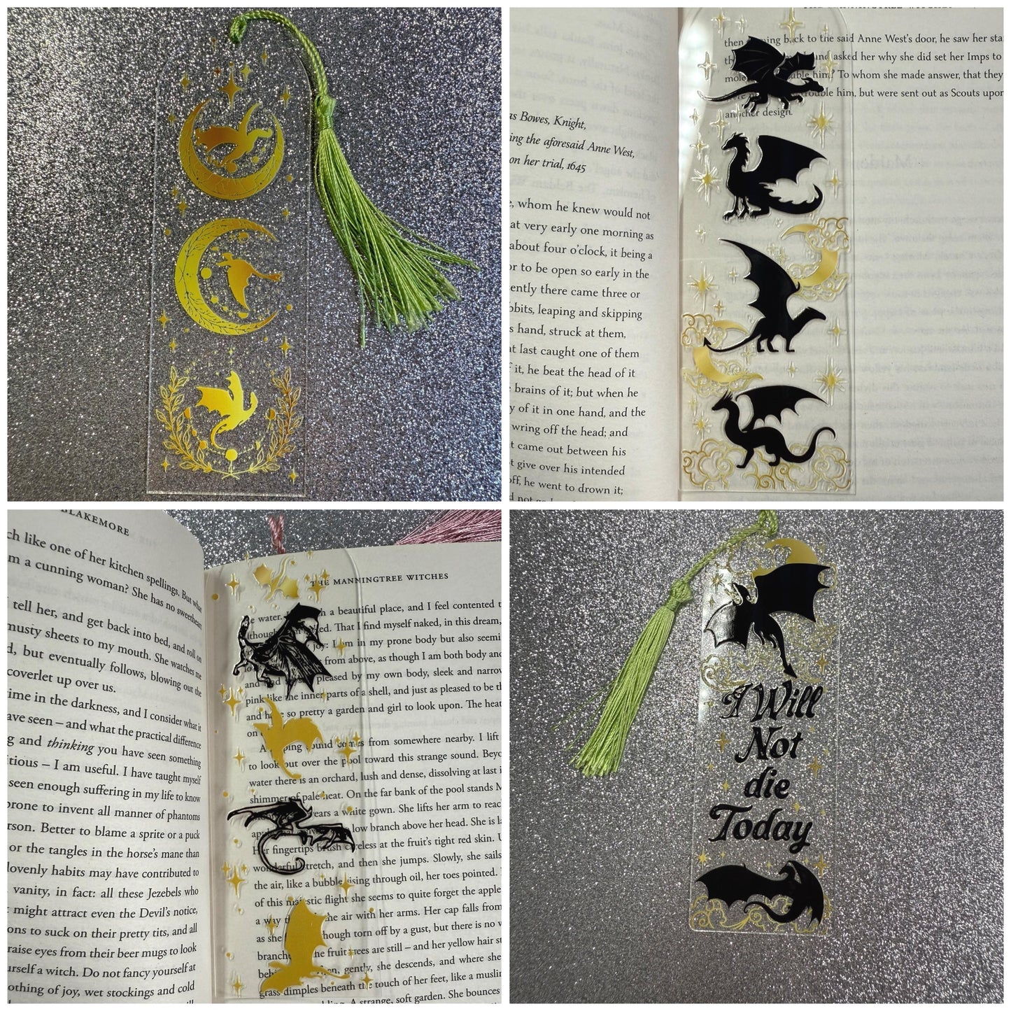 Set of dragon-themed bookmarks with tassels on a book pages background
