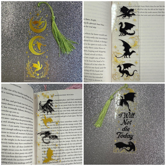 Set of dragon-themed bookmarks with tassels on a book pages background