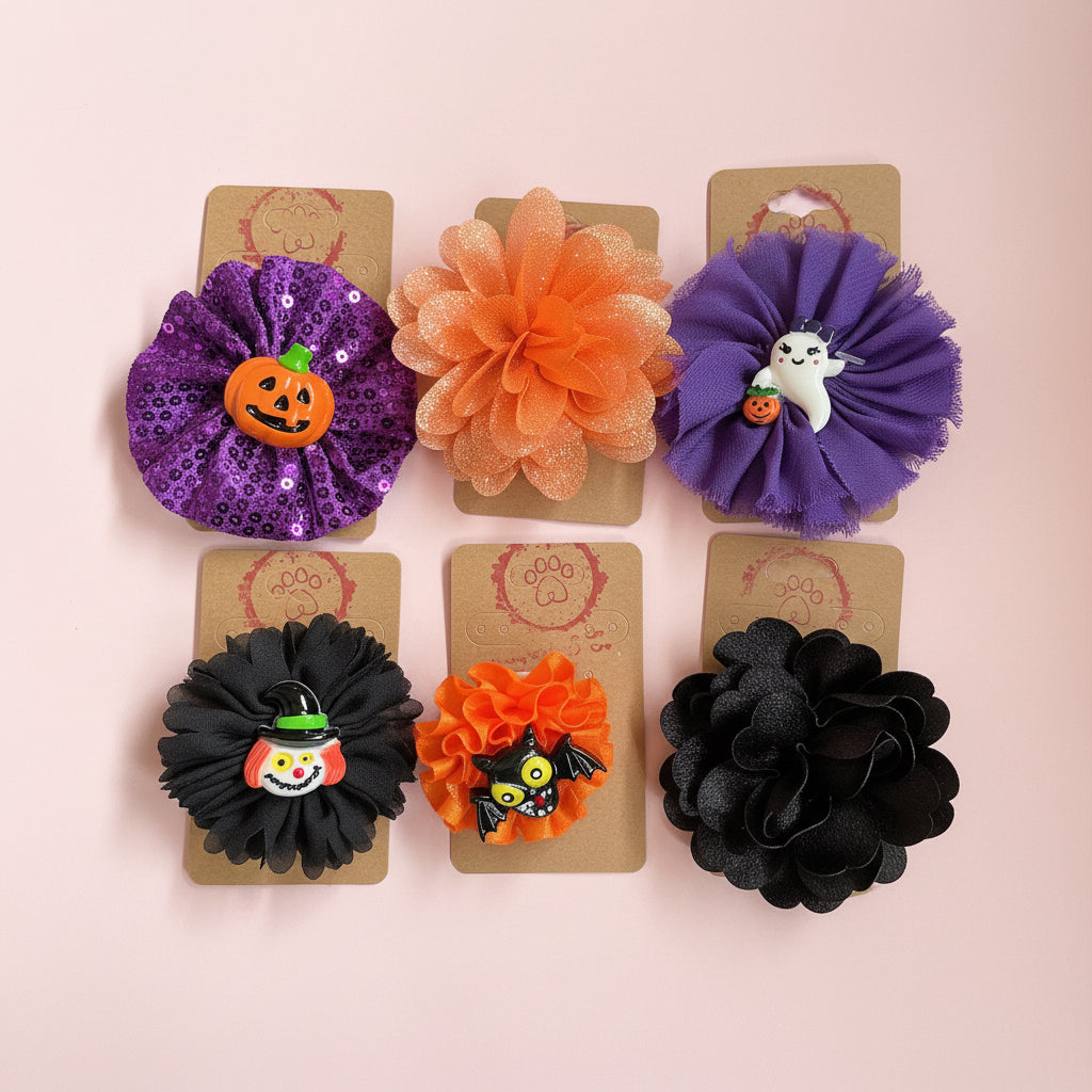 Halloween Dog Collar Bow | Limited Edition Pet Accessory | Ribbon Bow with Spooky Centerpiece | Festive Dog Collar Add-On |  Pet Costume