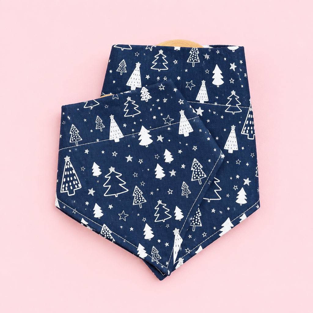 Navy Blue Christmas Dog Bandana | Silver Sparkly Christmas Trees | Festive Dog Collar Bandana | Slip On Dog Bandana | Christmas Pet Accessory