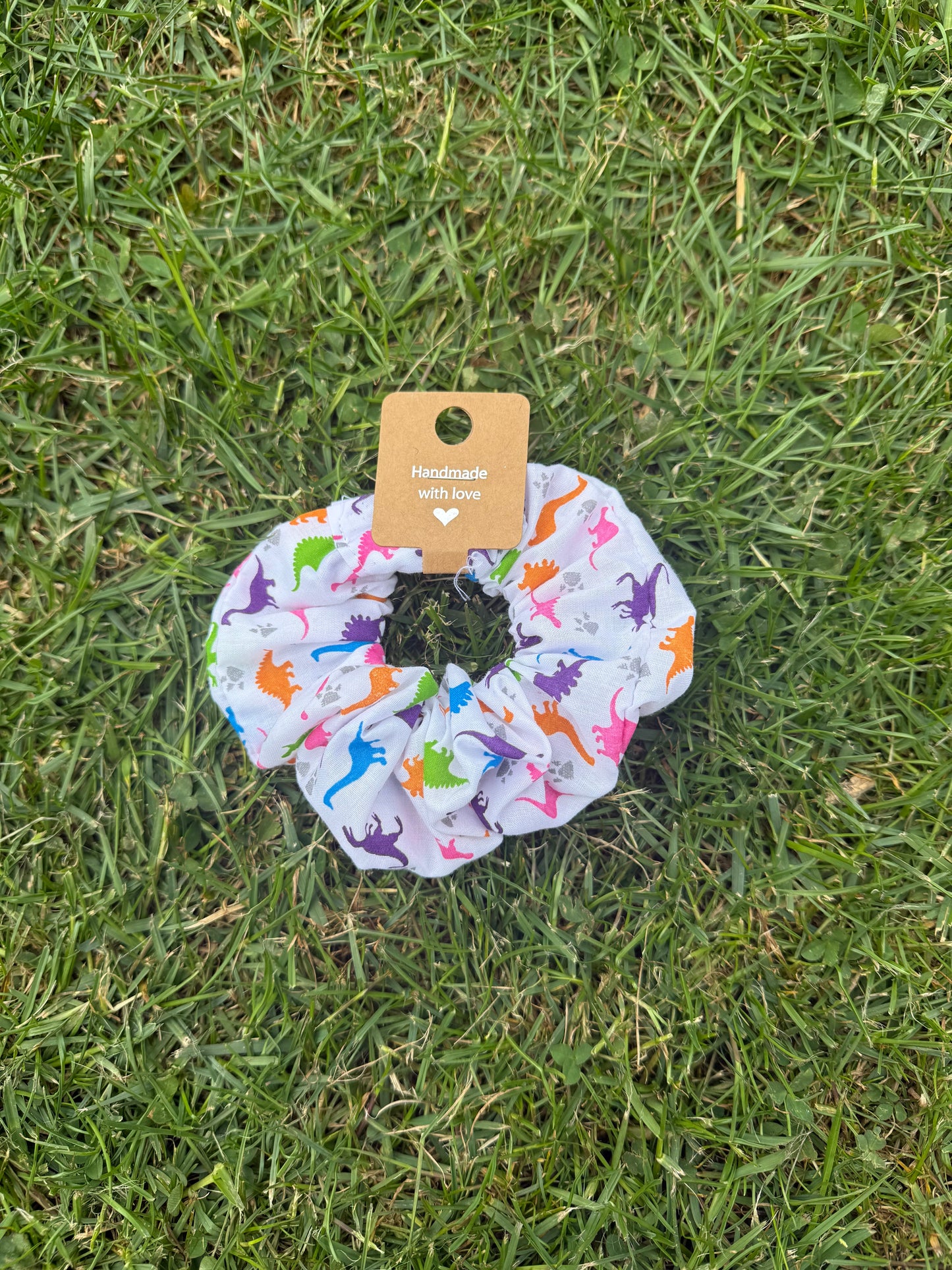 White Dinosaur print hair scrunchie