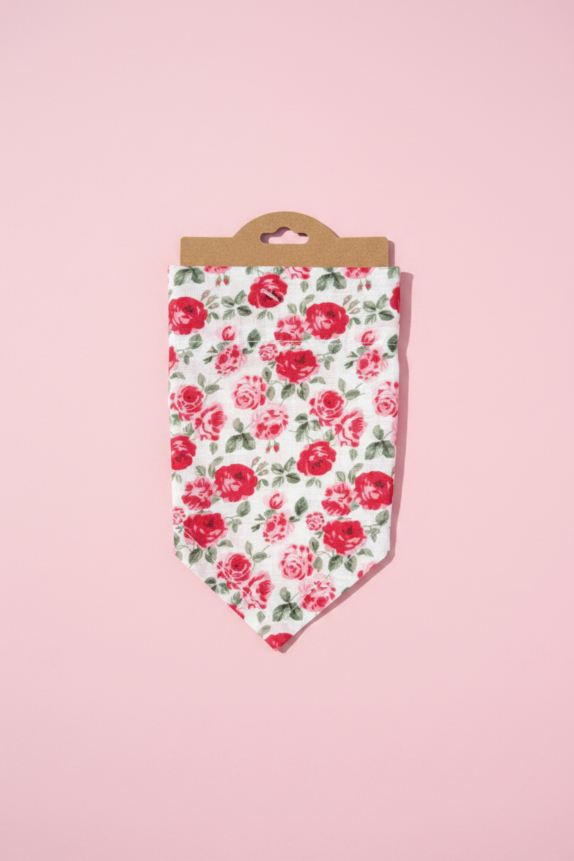 White and Red Rose Print Dog Bandana