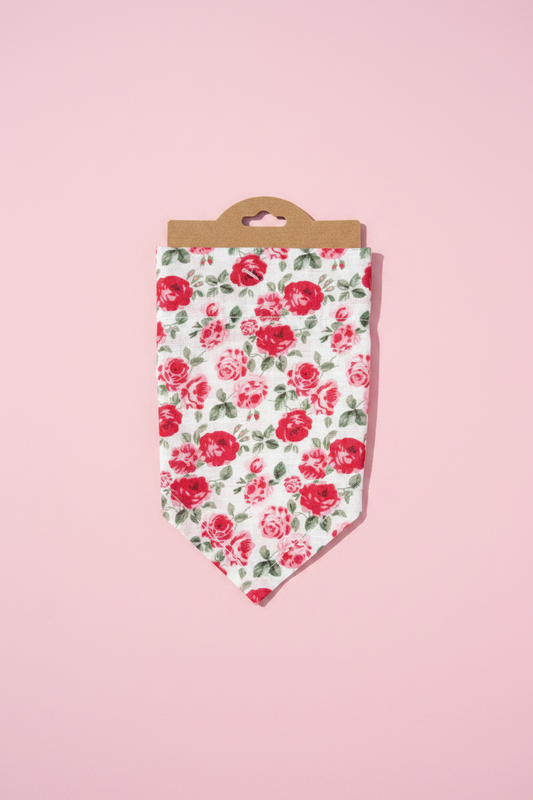 White and Red Rose Print Dog Bandana