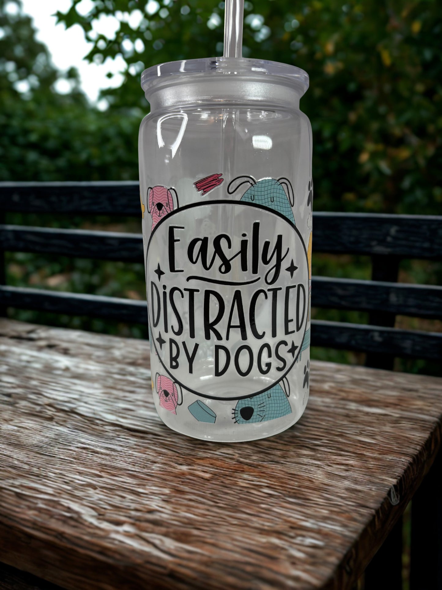 Easily Distracted by Dogs Tumbler – Glass or Plastic Reusable Cup with UV DTF Design