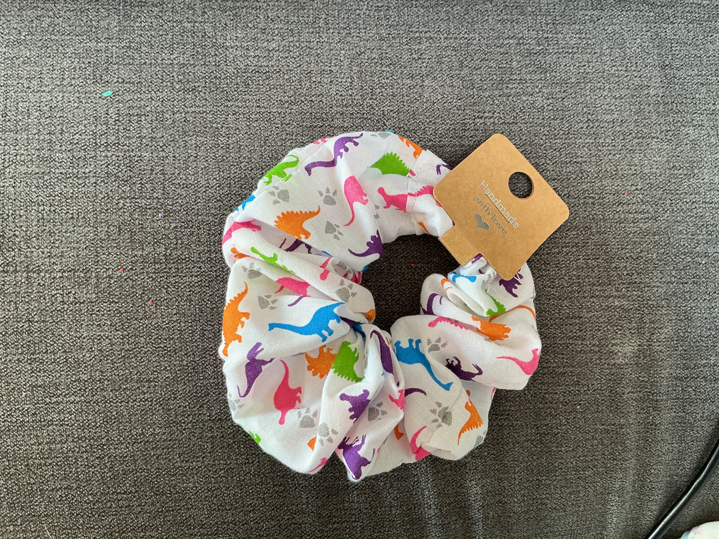 White Dinosaur print hair scrunchie