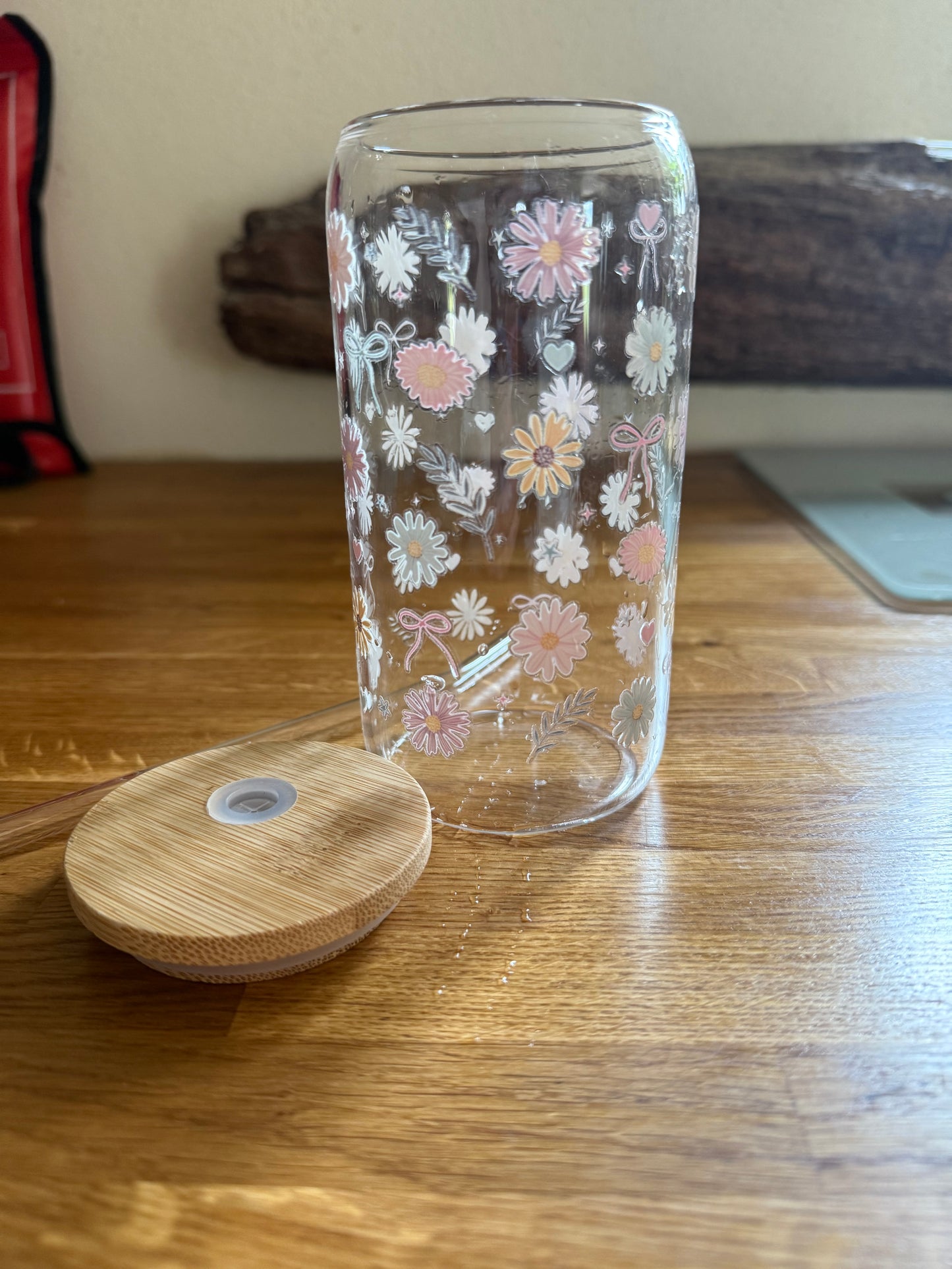 Cute Floral Glass or Plastic Tumbler with Lid and Straw | UV DTF Cup | Aesthetic Iced Coffee Cup | Reusable Cold Drink Cup | Gift for Her