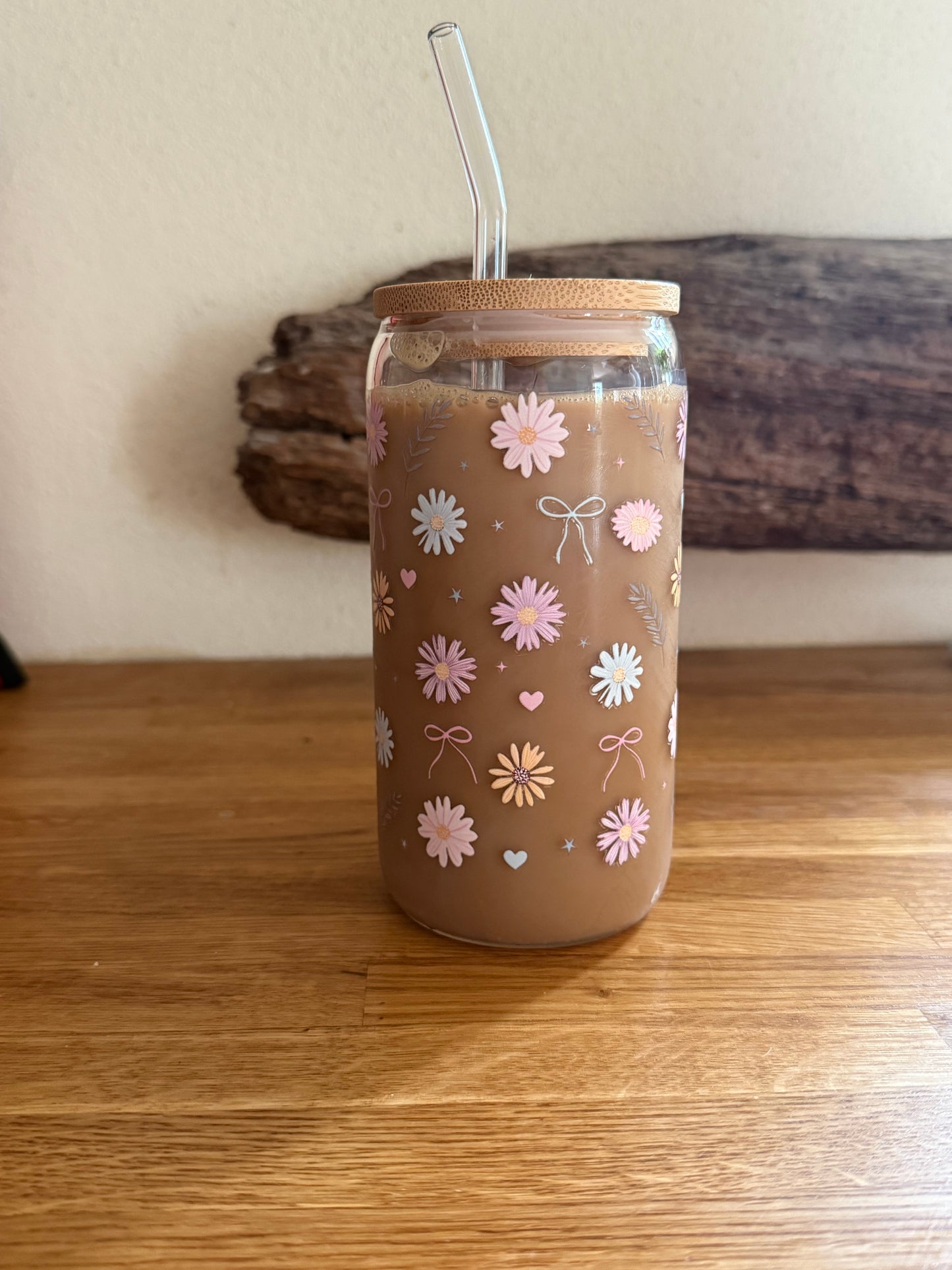 Cute Floral Glass or Plastic Tumbler with Lid and Straw | UV DTF Cup | Aesthetic Iced Coffee Cup | Reusable Cold Drink Cup | Gift for Her