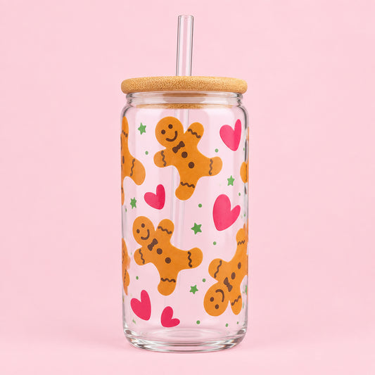 Gingerbread Man Christmas Cold Cup | Red Heart Festive Iced Coffee Cup | Christmas Tumbler | Gingerbread Cup | 16oz Cold Cup | Christmas Gift