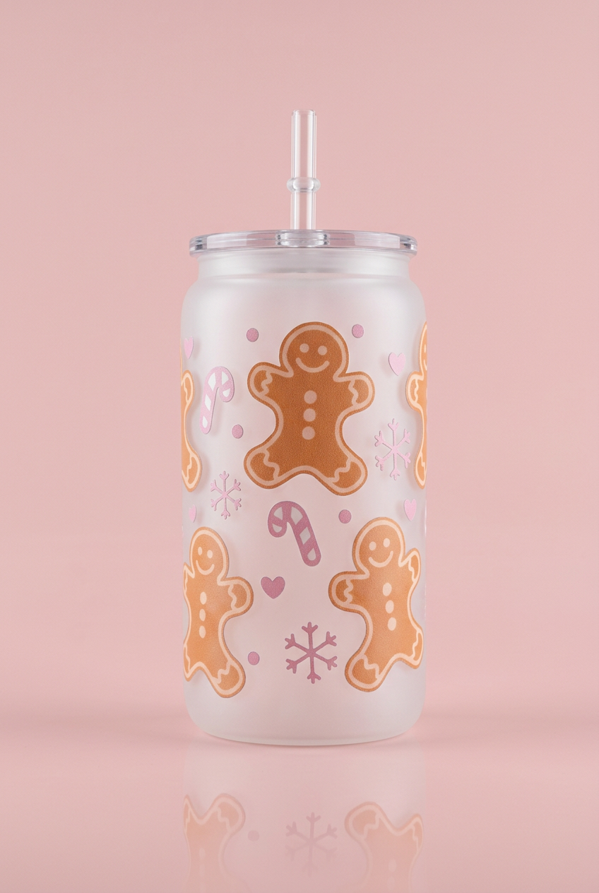 Gingerbread Man Pink Christmas Cold Cup | Pink Festive Iced Coffee Cup | Christmas Tumbler | Gingerbread Cup | 16oz Cold Cup