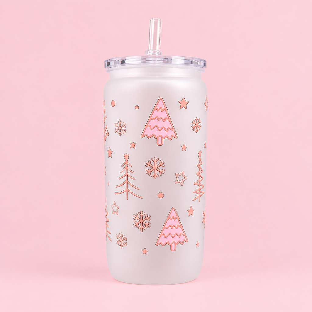 Pink Christmas Tree Cold Cup | Christmas Iced Coffee Cup | Festive Tumbler | Pink Christmas Drink Cup | 16oz Cold Cup | Christmas Gift