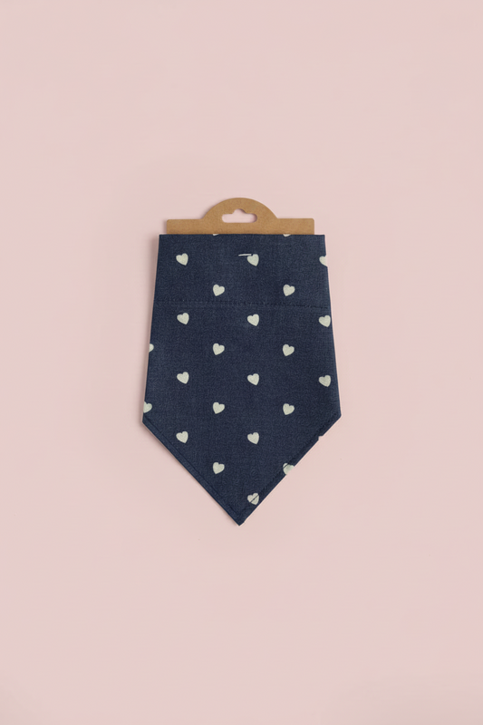 Denim Heart Dog Bandana UK | Blue Dog Bandana with White Hearts | Slide Through Collar Bandana | Cute Puppy Scarf | Matching Scrunchie