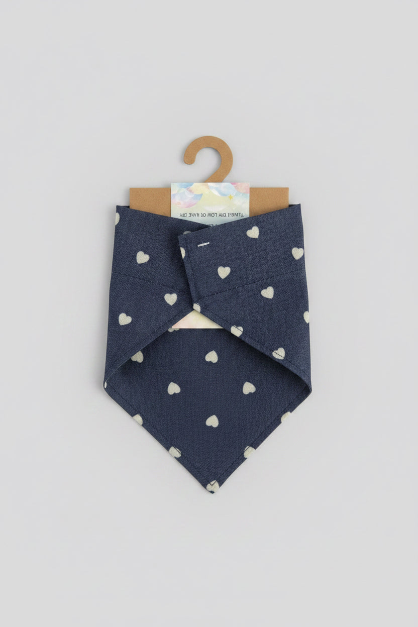 Denim Heart Dog Bandana UK | Blue Dog Bandana with White Hearts | Slide Through Collar Bandana | Cute Puppy Scarf | Matching Scrunchie