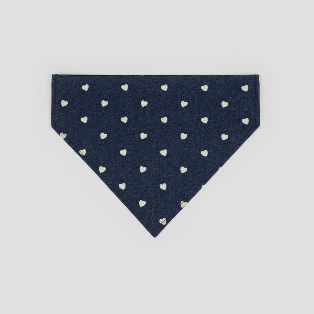 Denim Heart Dog Bandana UK | Blue Dog Bandana with White Hearts | Slide Through Collar Bandana | Cute Puppy Scarf | Matching Scrunchie