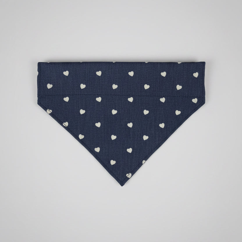 Denim Heart Dog Bandana UK | Blue Dog Bandana with White Hearts | Slide Through Collar Bandana | Cute Puppy Scarf | Matching Scrunchie