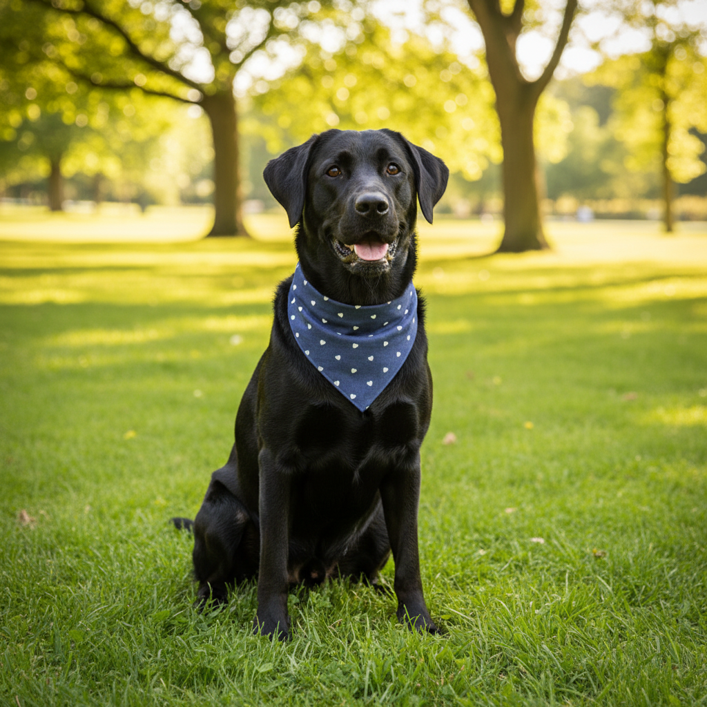 Denim Heart Dog Bandana UK | Blue Dog Bandana with White Hearts | Slide Through Collar Bandana | Cute Puppy Scarf | Matching Scrunchie
