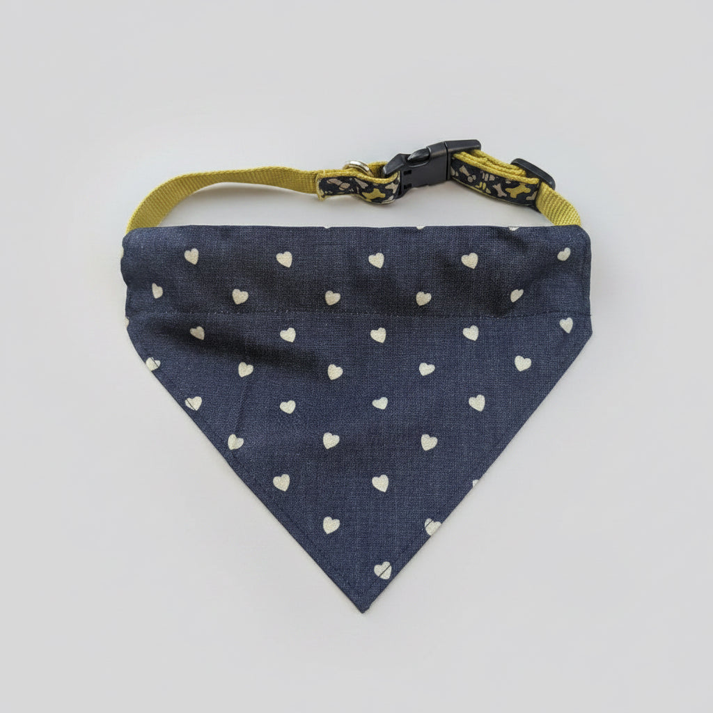 Denim Heart Dog Bandana UK | Blue Dog Bandana with White Hearts | Slide Through Collar Bandana | Cute Puppy Scarf | Matching Scrunchie