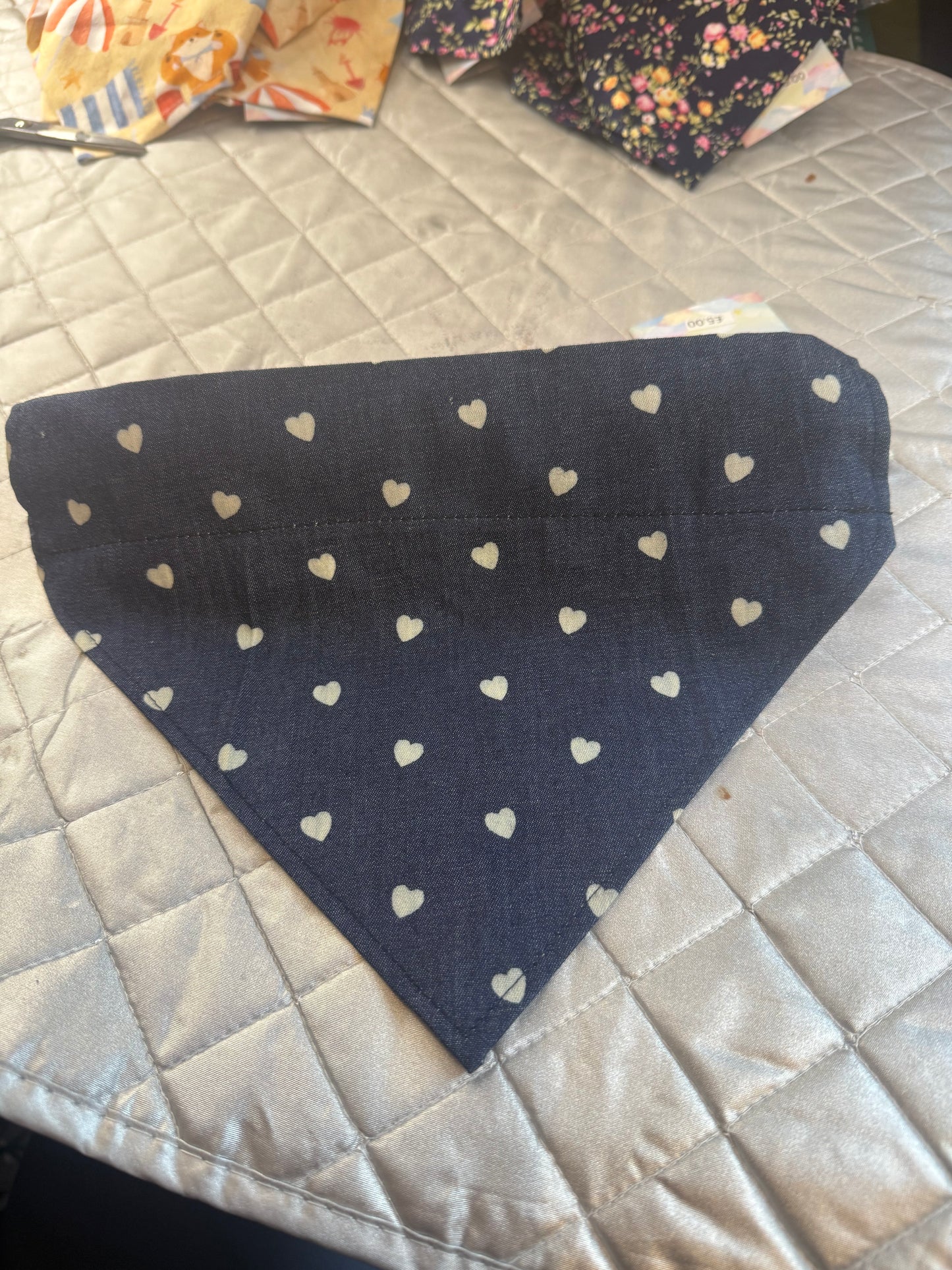 Denim Heart Dog Bandana UK | Blue Dog Bandana with White Hearts | Slide Through Collar Bandana | Cute Puppy Scarf | Matching Scrunchie