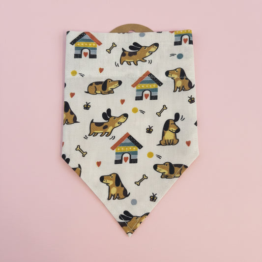 Dog Print Dog Bandana UK | White Cotton Dog Bandana with Colourful Dogs & Houses | Slide Through Collar Bandana | Puppy Scarf | Cute Dog Accessory