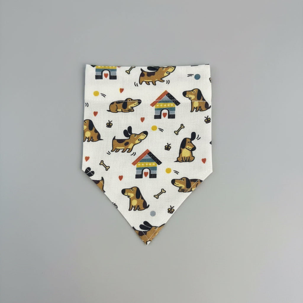 Dog Print Dog Bandana UK | White Cotton Dog Bandana with Colourful Dogs & Houses | Slide Through Collar Bandana | Puppy Scarf | Cute Dog Accessory