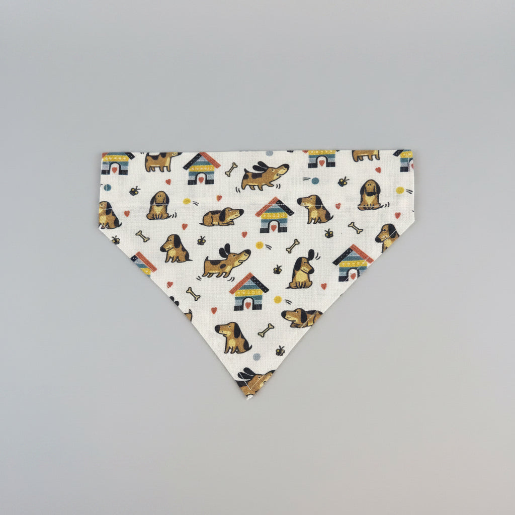 Dog Print Dog Bandana UK | White Cotton Dog Bandana with Colourful Dogs & Houses | Slide Through Collar Bandana | Puppy Scarf | Cute Dog Accessory