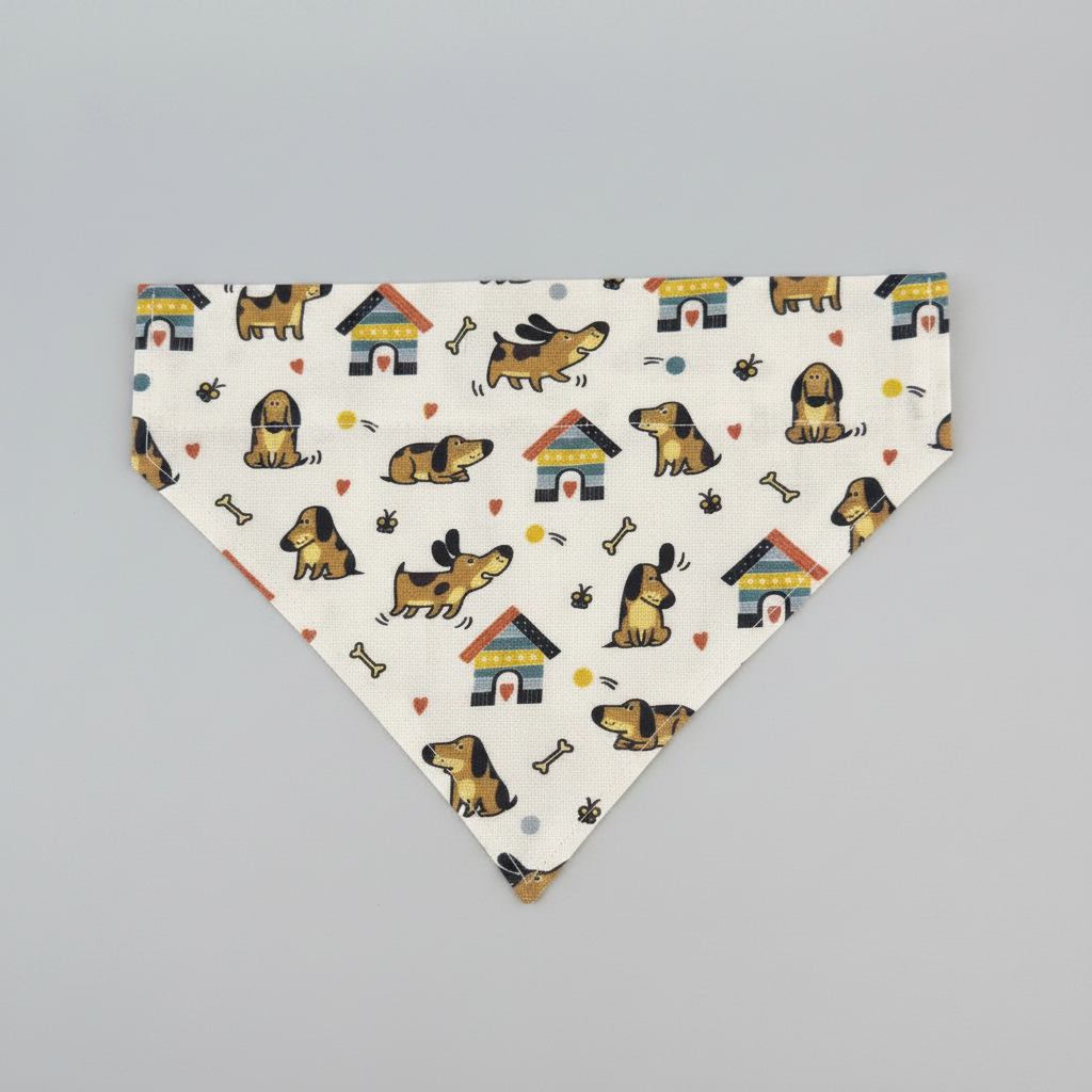 Dog Print Dog Bandana UK | White Cotton Dog Bandana with Colourful Dogs & Houses | Slide Through Collar Bandana | Puppy Scarf | Cute Dog Accessory