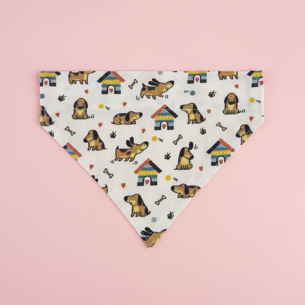 Dog Print Dog Bandana UK | White Cotton Dog Bandana with Colourful Dogs & Houses | Slide Through Collar Bandana | Puppy Scarf | Cute Dog Accessory