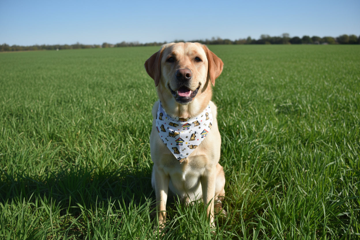 Dog Print Dog Bandana UK | White Cotton Dog Bandana with Colourful Dogs & Houses | Slide Through Collar Bandana | Puppy Scarf | Cute Dog Accessory
