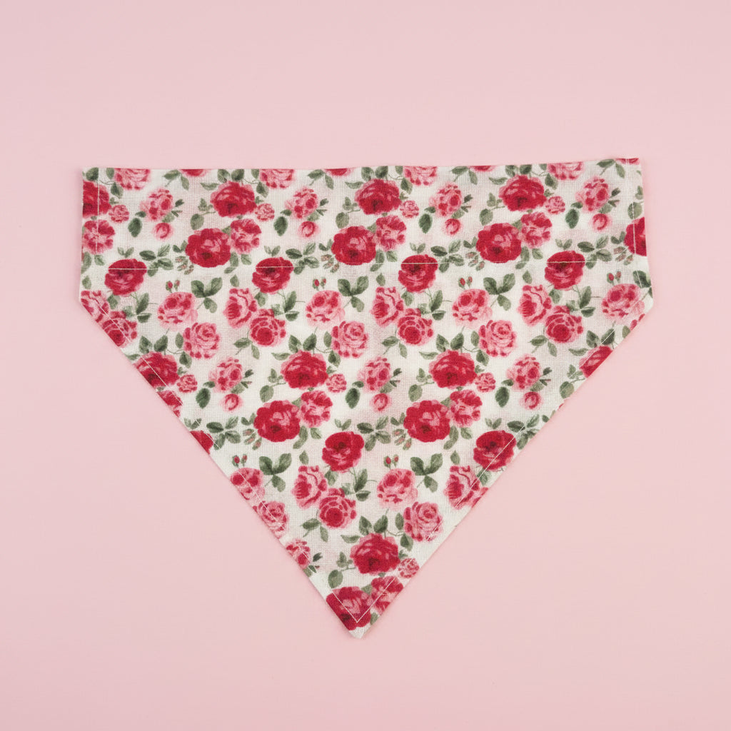 White and Red Rose Print Dog Bandana